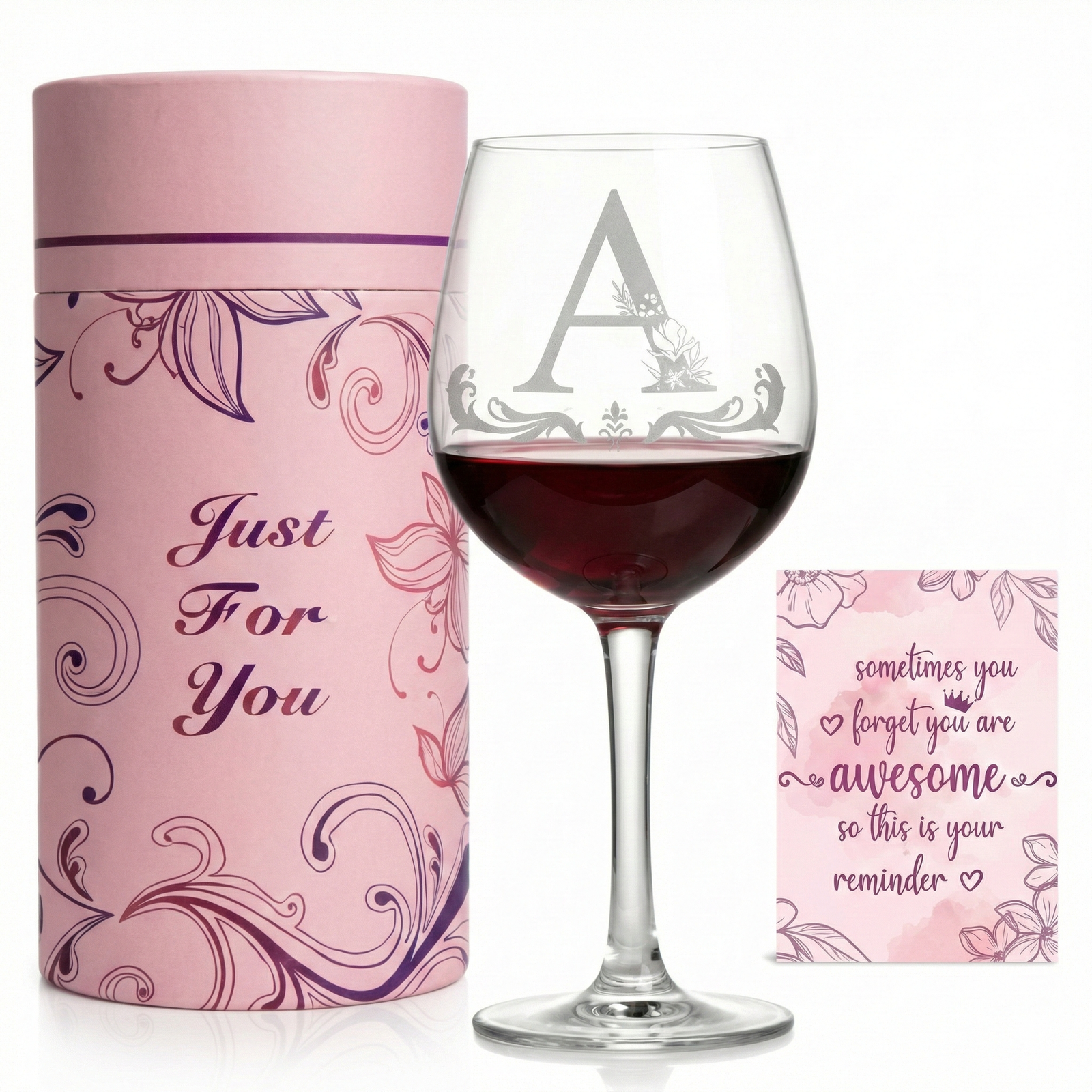 DW-WG-SAM-01 (3) Personalized Initial Wine Glass with Gift Tube Box Set