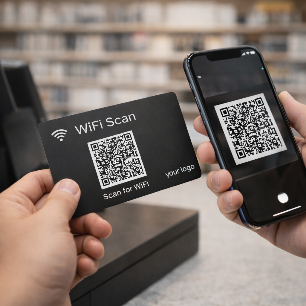 CD-QR-Esh-01 (2) Custom NFC PVC Card With Unique QR Code for Wifi, shops - Image 1
